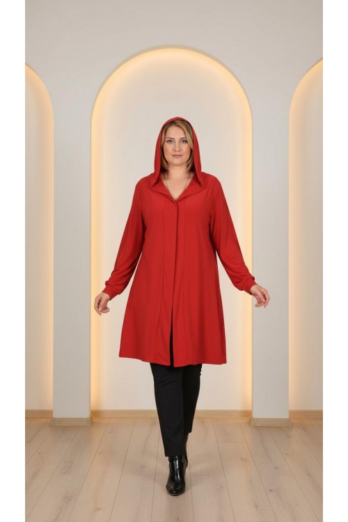 Nidya Moda Büyük Beden Kadın Kırmızı Kapşonlu Kuşaklı Sandy Spor Ceket-1016SK