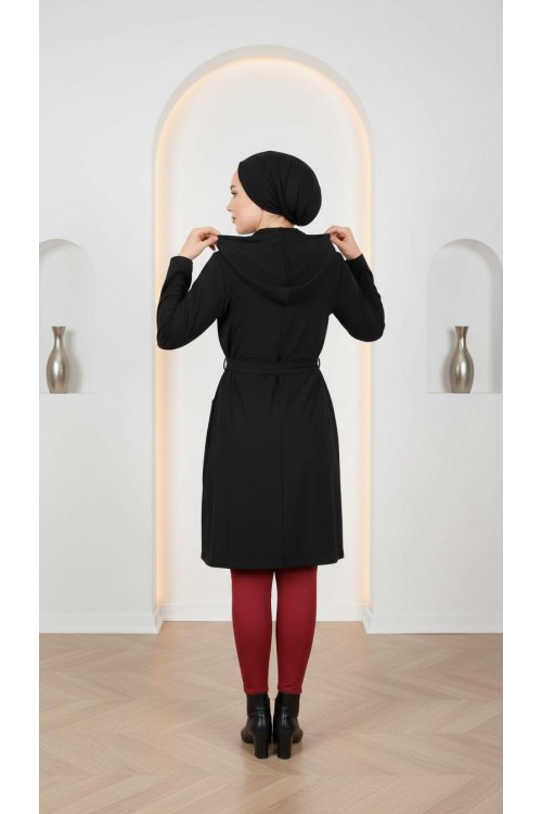 Nidya Moda Büyük Beden Kadın Lacivert Kapşonlu Kuşaklı Örme Spor Ceket-1016ÇL