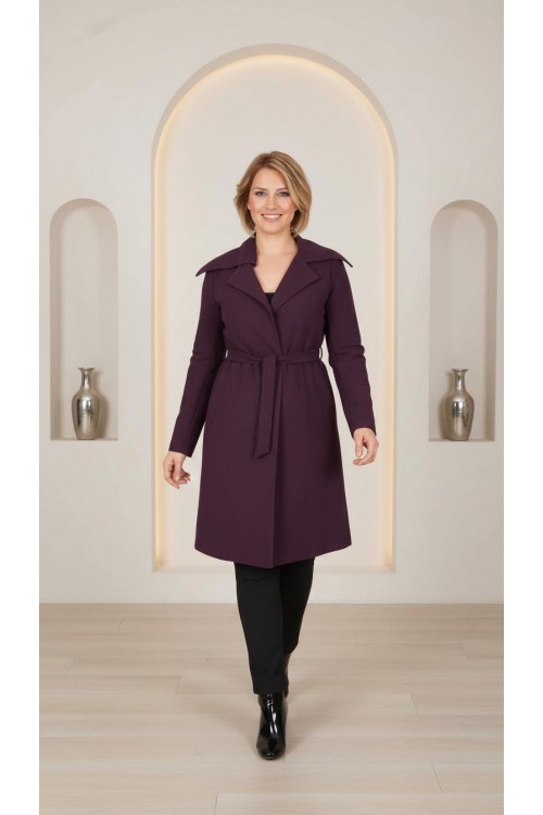 Nidya Moda Büyük Beden Kadın Mürdüm Kapşonlu Kuşaklı Örme Spor Ceket-1016ÇM