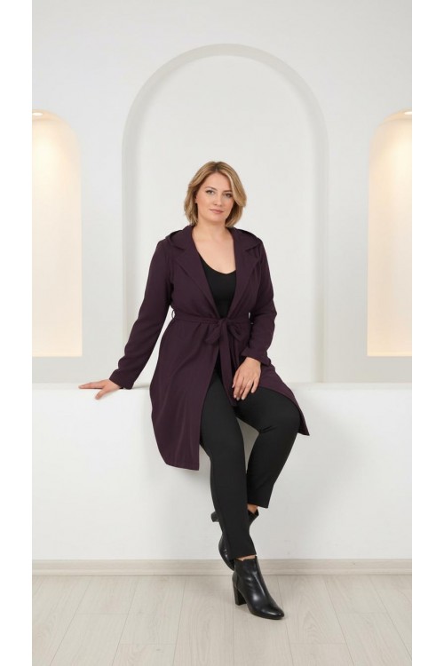 Nidya Moda Büyük Beden Kadın Mürdüm Kapşonlu Kuşaklı Örme Spor Ceket-1016ÇM