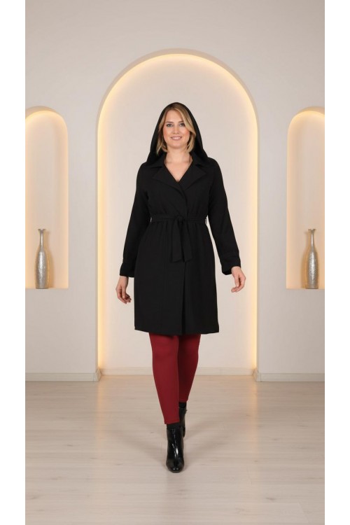 Nidya Moda Büyük Beden Kadın Siyah Kapşonlu Kuşaklı Örme Spor Ceket-1016ÇS