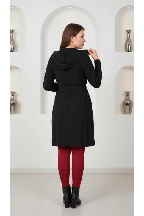 Nidya Moda Büyük Beden  Kadın Siyah Kapüşonlu Kuşaklı Spor Ceket-1016SS
