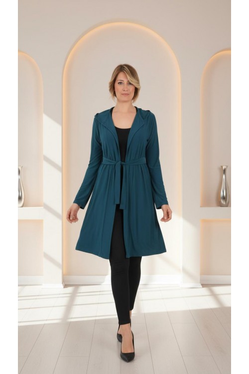 Nidya Moda Büyük Beden Kadın Yeşil Kapşonlu Kuşaklı Sandy Spor Ceket-1016sy