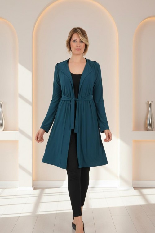 Nidya Moda Büyük Beden Kadın Yeşil Kapşonlu Kuşaklı Sandy Spor Ceket-1016sy