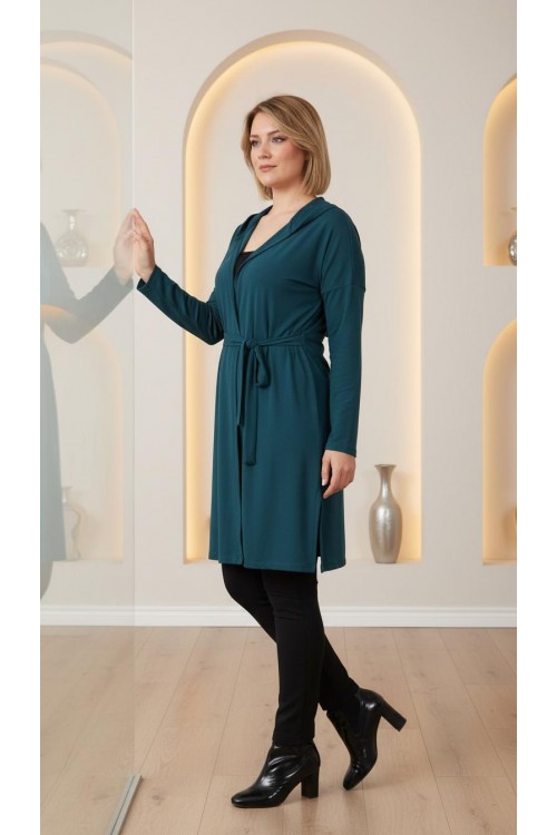 Nidya Moda Büyük Beden Kadın Yeşil Kapşonlu Kuşaklı Sandy Spor Ceket-1016sy