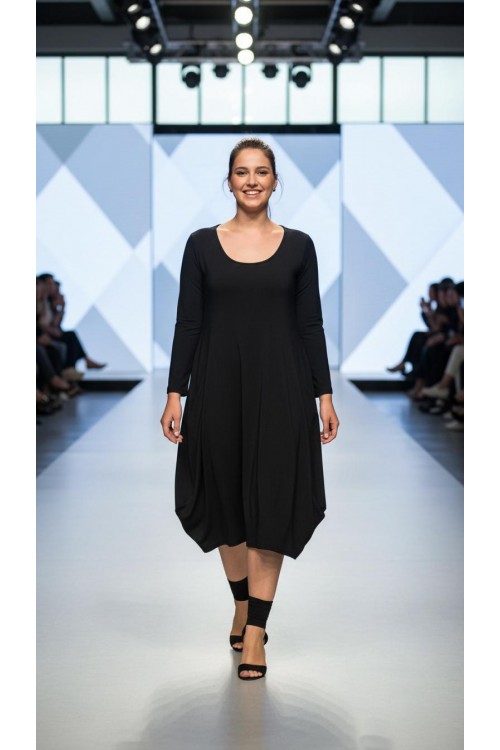 Nidya Moda Büyük Beden Kadın Siyah Dantel Cepli  Asimetrik Sandy Elbise-4021S