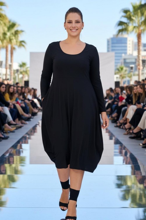 Nidya Moda Büyük Beden Kadın Siyah Dantel Cepli  Asimetrik Sandy Elbise-4021S