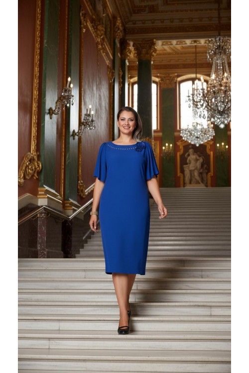 Nidya Moda Büyük Beden Kadın Saks Yaka Taşlı Çiçek Aksesuar Sandy Abiye Elbise-4026SX