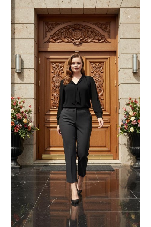 Nidya Moda Büyük Beden Kadın Antrasit Gri Nervürlü Bilek Boy Kumaş Pantolon -2014G