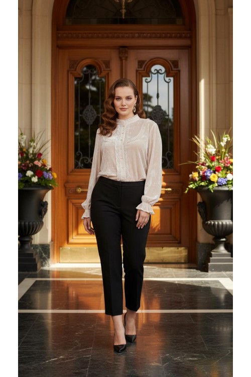 Nidya Moda Büyük Beden Kadın Kahverengi  Nervürlü Bilek Boy Kumaş Pantolon -2014K