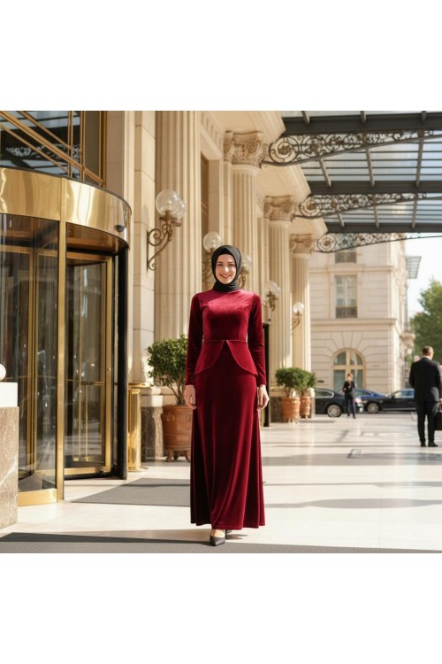 Nidya Moda Tesettür Kadın Bordo Peplumlu Kadife Abiye Elbise-4044TB