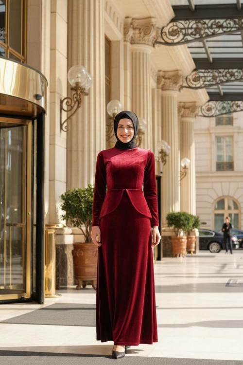 Nidya Moda Tesettür Kadın Bordo Peplumlu Kadife Abiye Elbise-4044TB