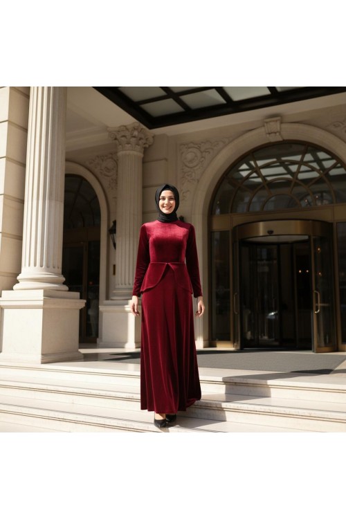 Nidya Moda Tesettür Kadın Bordo Peplumlu Kadife Abiye Elbise-4044TB