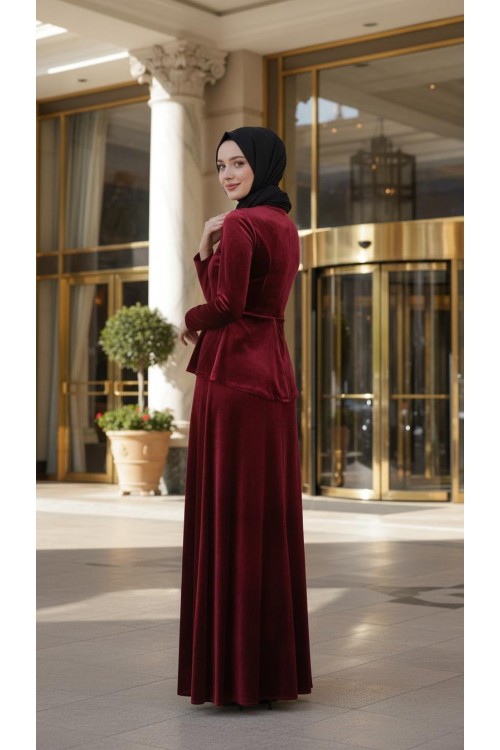 Nidya Moda Tesettür Kadın Bordo Peplumlu Kadife Abiye Elbise-4044TB