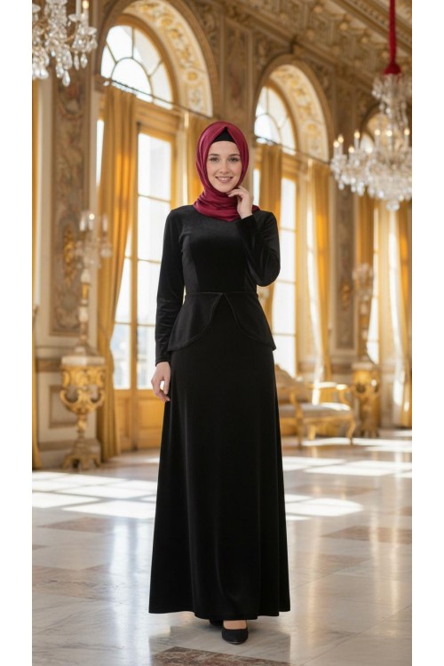 Nidya Moda Tesettür Kadın Siyah Peplumlu Kadife Abiye Elbise-4044TS