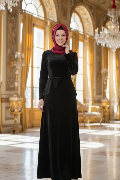 Nidya Moda Tesettür Kadın Siyah Peplumlu Kadife Abiye Elbise-4044TS