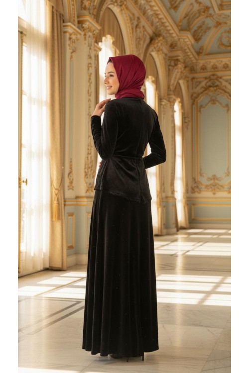 Nidya Moda Tesettür Kadın Siyah Peplumlu Kadife Abiye Elbise-4044TS
