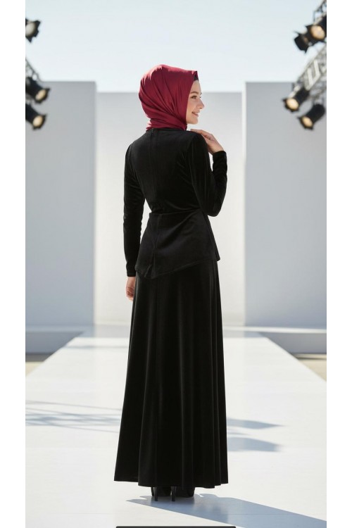 Nidya Moda Tesettür Kadın Siyah Peplumlu Kadife Abiye Elbise-4044TS