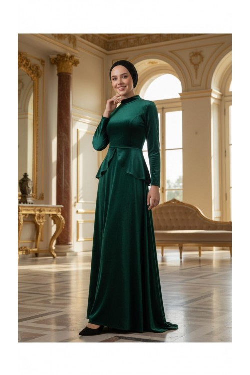 Nidya Moda Tesettür Kadın Yeşil Peplumlu Kadife Abiye Elbise-4044TY