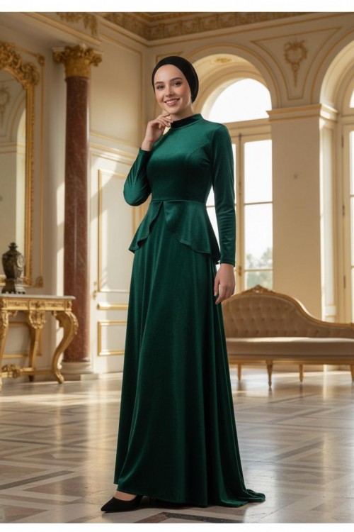 Nidya Moda Tesettür Kadın Yeşil Peplumlu Kadife Abiye Elbise-4044TY