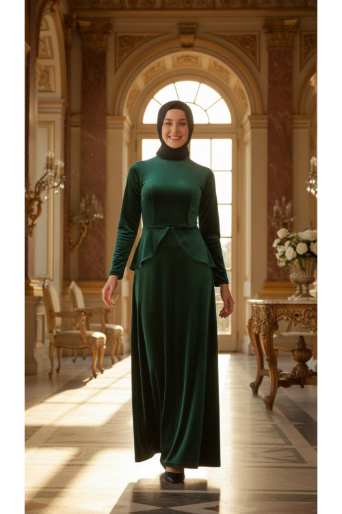 Nidya Moda Tesettür Kadın Yeşil Peplumlu Kadife Abiye Elbise-4044TY