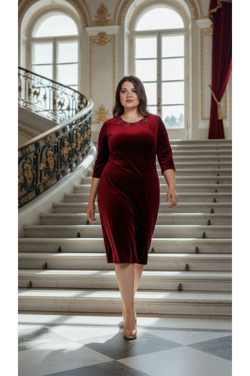 Nidya Moda Büyük Beden Kadın Bordo Taş İşli Kadife Abiye Elbise-4072AB 