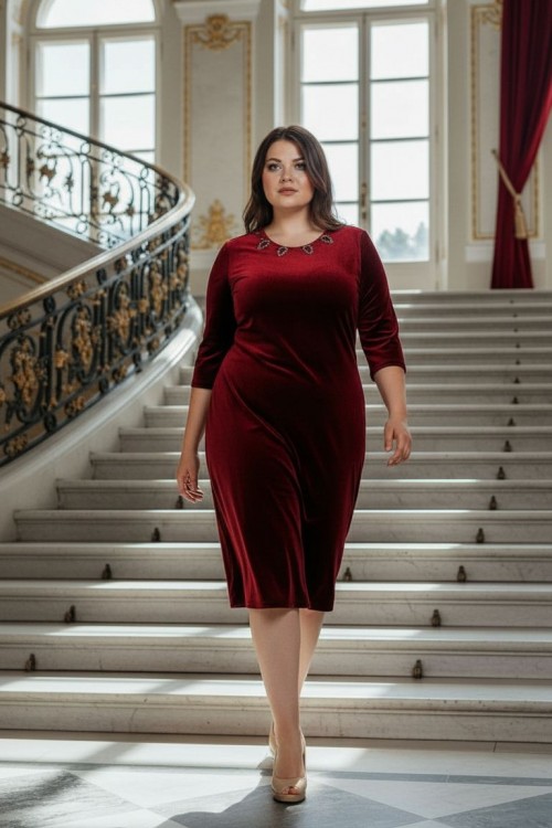 Nidya Moda Büyük Beden Kadın Bordo Taş İşli Kadife Abiye Elbise-4072AB 