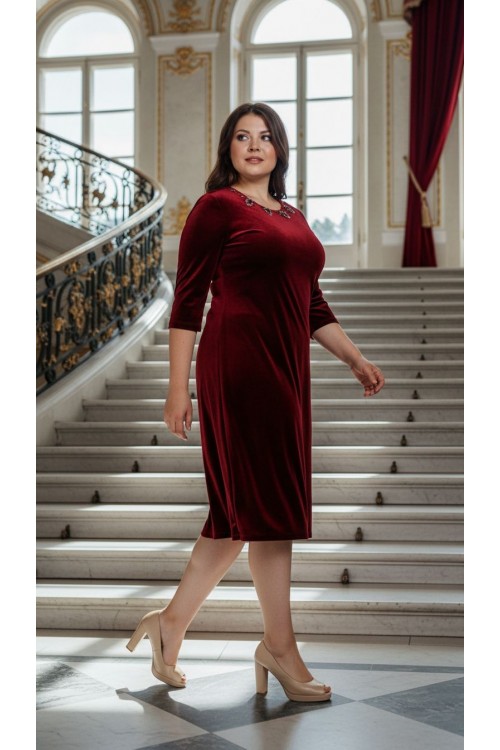 Nidya Moda Büyük Beden Kadın Bordo Taş İşli Kadife Abiye Elbise-4072AB 