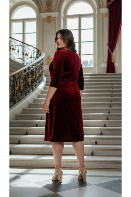 Nidya Moda Büyük Beden Kadın Bordo Taş İşli Kadife Abiye Elbise-4072AB 