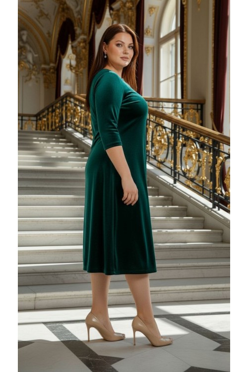 Nidya Moda Büyük Beden Kadın  Yeşil Taş İşli Kadife Abiye Elbise-4072AY