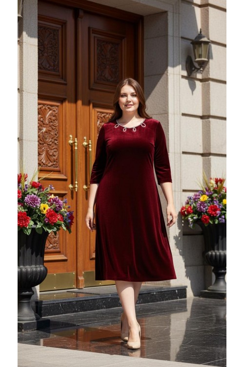 Nidya Moda Büyük Beden Kadın Bordo Inci Işli Kadife Abiye Elbise-4072b