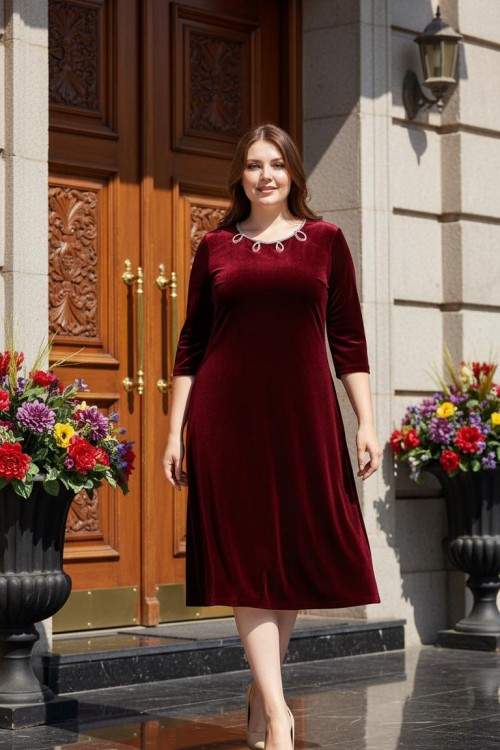 Nidya Moda Büyük Beden Kadın Bordo Inci Işli Kadife Abiye Elbise-4072b