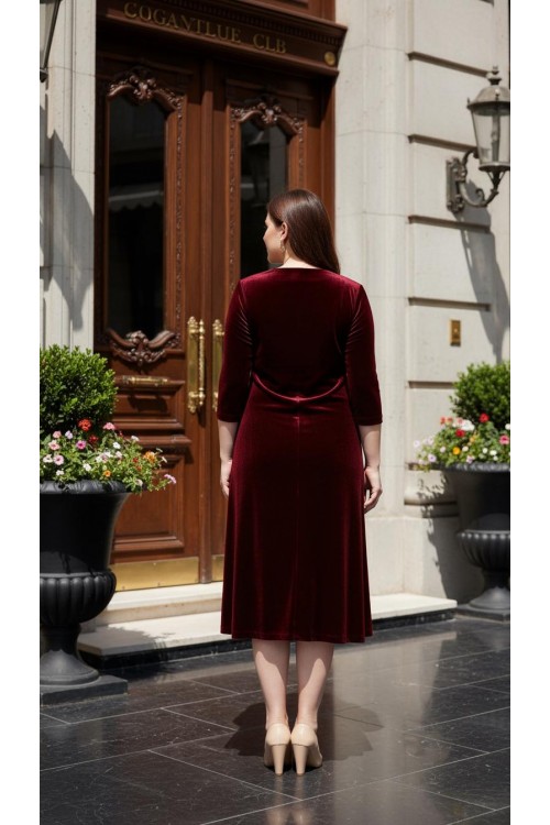 Nidya Moda Büyük Beden Kadın Bordo Inci Işli Kadife Abiye Elbise-4072b