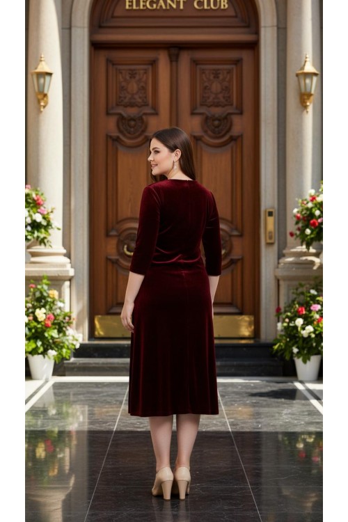 Nidya Moda Büyük Beden Kadın Bordo Inci Işli Kadife Abiye Elbise-4072b