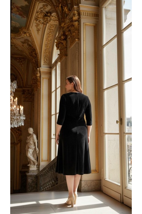 Nidya Moda Büyük Beden Kadın Siyah  Yaka İnci Işli Kadife Abiye Elbise-4072s 