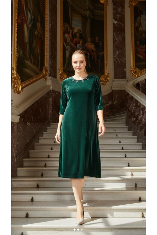 Nidya Moda Büyük Beden Kadın Yeşil Yaka İnci Işli Kadife Abiye Elbise-4072y 