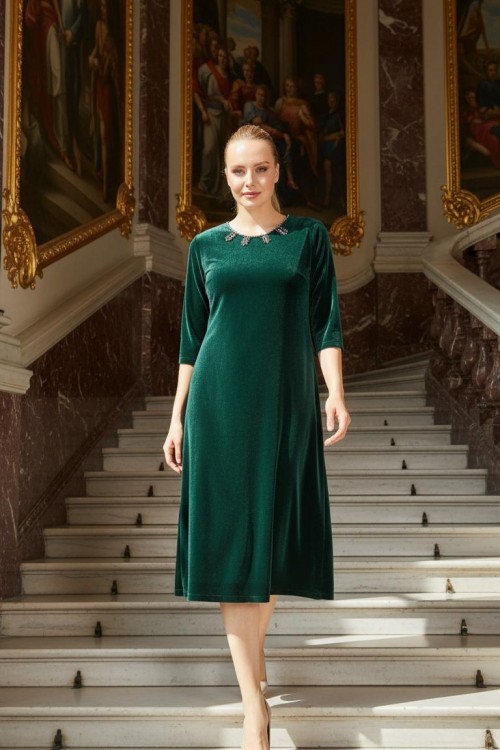 Nidya Moda Büyük Beden Kadın Yeşil Yaka İnci Işli Kadife Abiye Elbise-4072y 