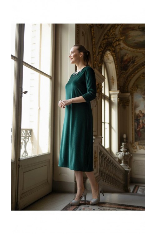 Nidya Moda Büyük Beden Kadın Yeşil Yaka İnci Işli Kadife Abiye Elbise-4072y 