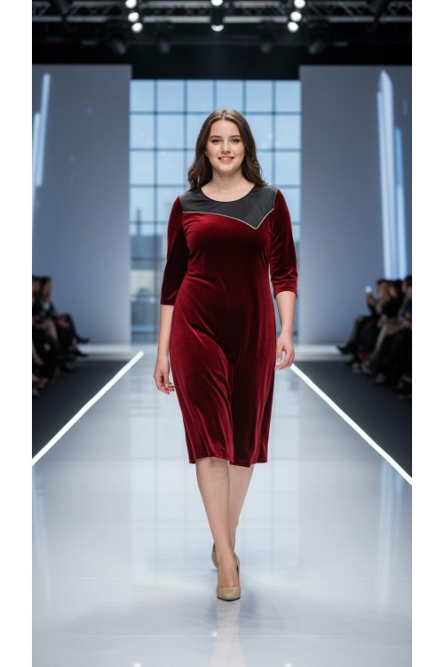 Nidya Moda Büyük Beden Bordo Roba Siyah Kombin Taş Şerit Kadife Abiye Elbise 4073B