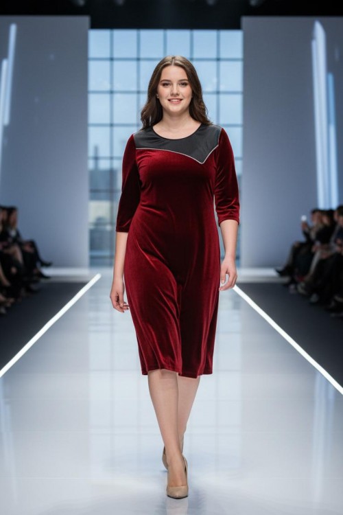 Nidya Moda Büyük Beden Bordo Roba Siyah Kombin Taş Şerit Kadife Abiye Elbise 4073B