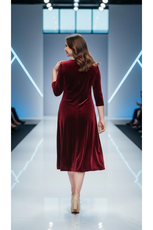 Nidya Moda Büyük Beden Bordo Roba Siyah Kombin Taş Şerit Kadife Abiye Elbise 4073B