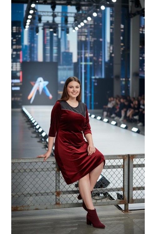 Nidya Moda Büyük Beden Bordo Roba Siyah Kombin Taş Şerit Kadife Abiye Elbise 4073B