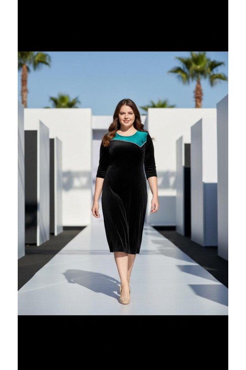 Nidya Moda Büyük Beden Kadın Siyah Roba Yeşil Kombin Taş Şerit Kadife Abiye Elbise-4073S