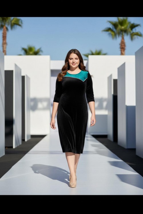 Nidya Moda Büyük Beden Kadın Siyah Roba Yeşil Kombin Taş Şerit Kadife Abiye Elbise-4073S