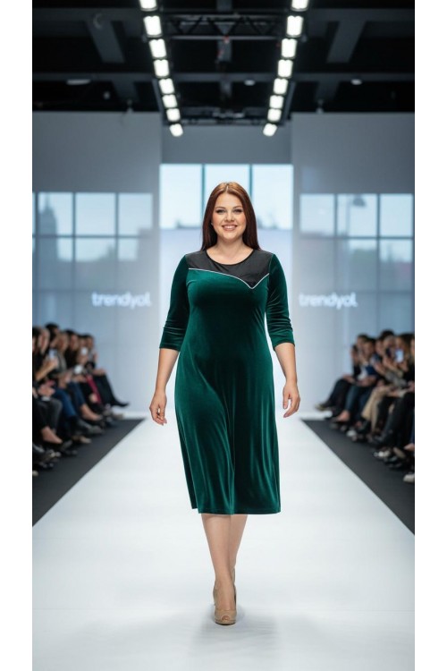 Nidya Moda Büyük Beden Kadın Yeşil Roba  Siyah Kombinli Taş Şerit Kadife Abiye Elbise-4073Y
