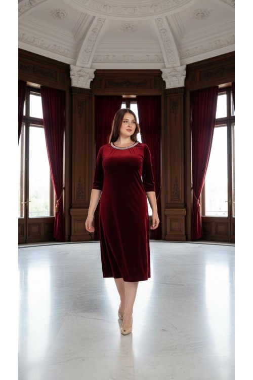 Nidya Moda Büyük Beden Kadın Bordo Yaka İncili Kadife Abiye Elbise-4074B