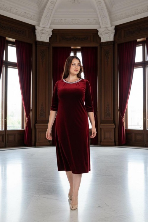 Nidya Moda Büyük Beden Kadın Bordo Yaka İncili Kadife Abiye Elbise-4074B