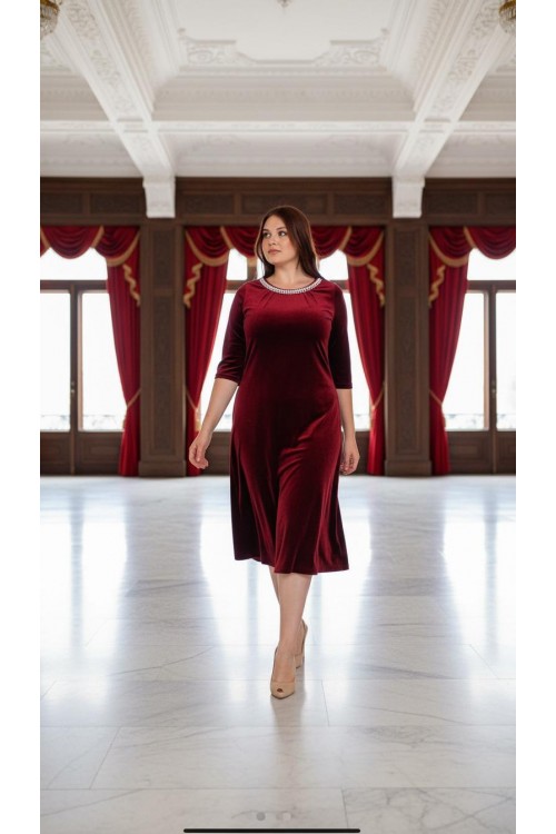 Nidya Moda Büyük Beden Kadın Bordo Yaka İncili Kadife Abiye Elbise-4074B