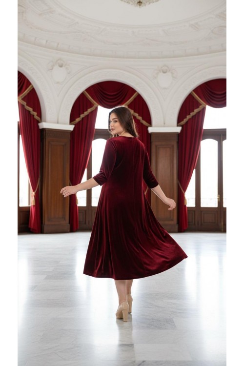 Nidya Moda Büyük Beden Kadın Bordo Yaka İncili Kadife Abiye Elbise-4074B