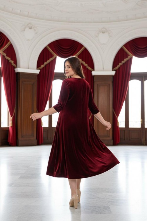 Nidya Moda Büyük Beden Kadın Bordo Yaka İncili Kadife Abiye Elbise-4074B